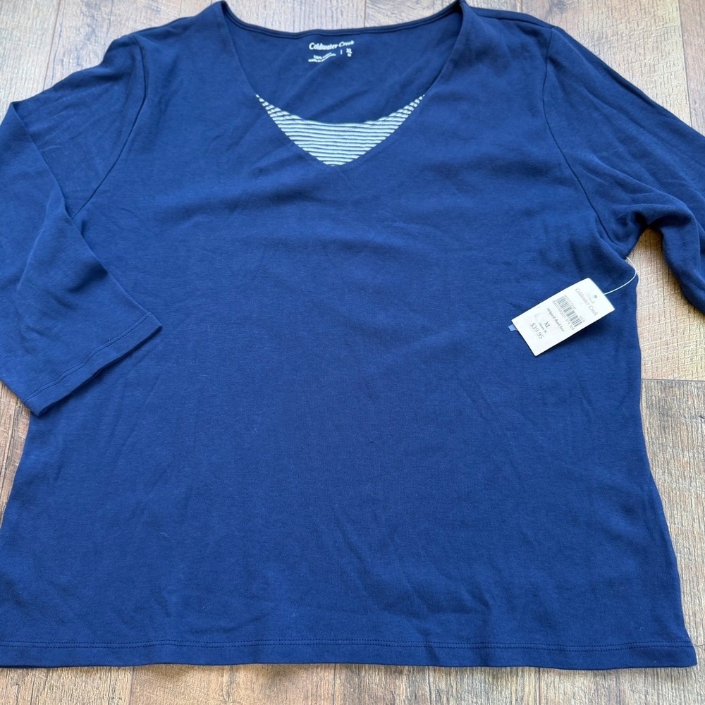 Vintage Coldwater Creek Striped Duet Tee Navy 3/4‎ Sleeve V Neck NWT XL Size 18